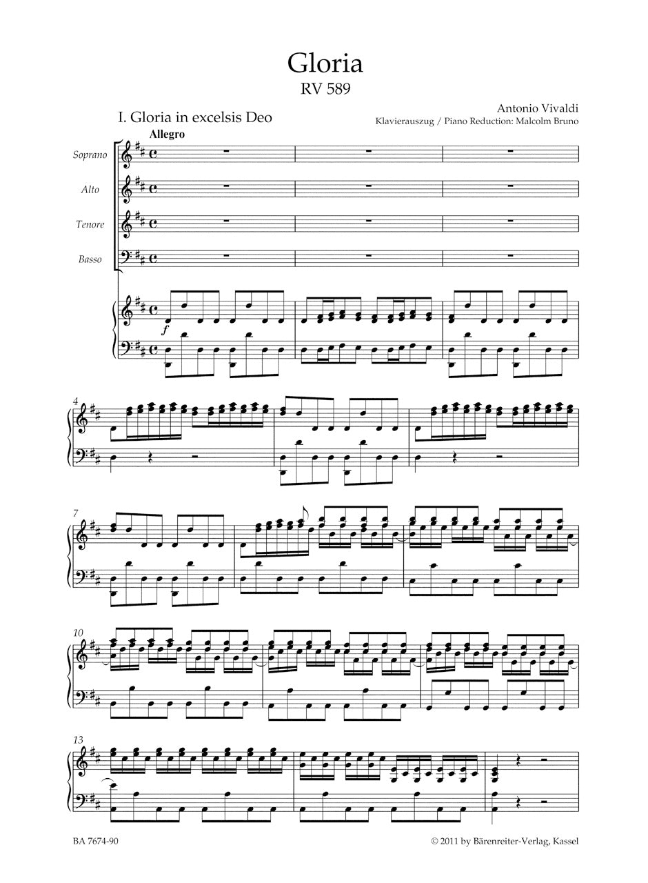 Gloria RV589 Vocal Score - Vivaldi Barenreiter BA7674-90