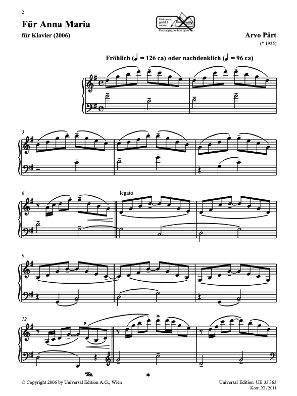 For Anna Maria Piano Solo - Arvo Pärt - UE33363
