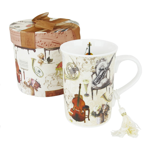 Music Mug with Presentation Box Cream with Orchestral Instruments Piano Music Stand and Wine Glasses