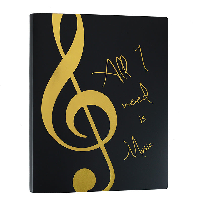A4 Display Folder Black with Gold Treble Clef and 'All I Need is Music' Saying 20 Clear Pockets