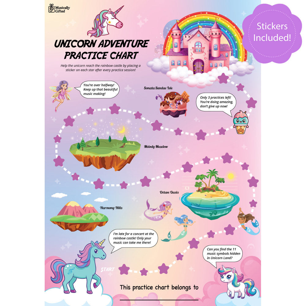 Unicorn Adventure A3 Music Practice Chart by Musically Gifted