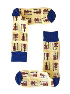 Unisex Violin Socks Yellow with Blue Trim and Brown Violins and Bows Size 6-11