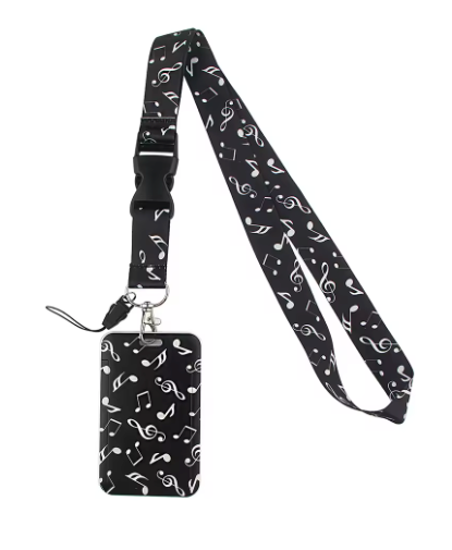 Lanyard and ID Tag Black with White Notes and Clefs