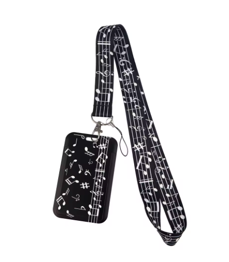 Lanyard and ID Tag Black with White Notes and Clefs