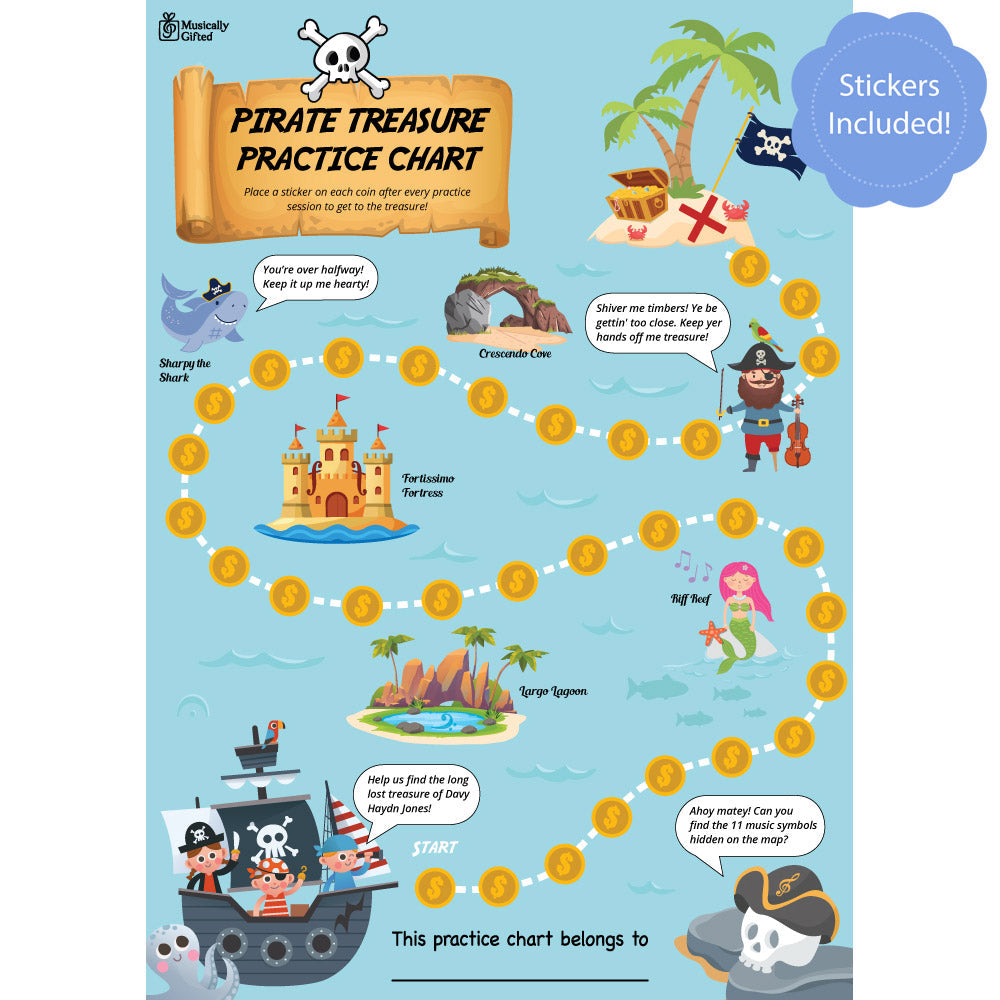 Pirate Treasure A3 Music Practice Chart by Musically Gifted
