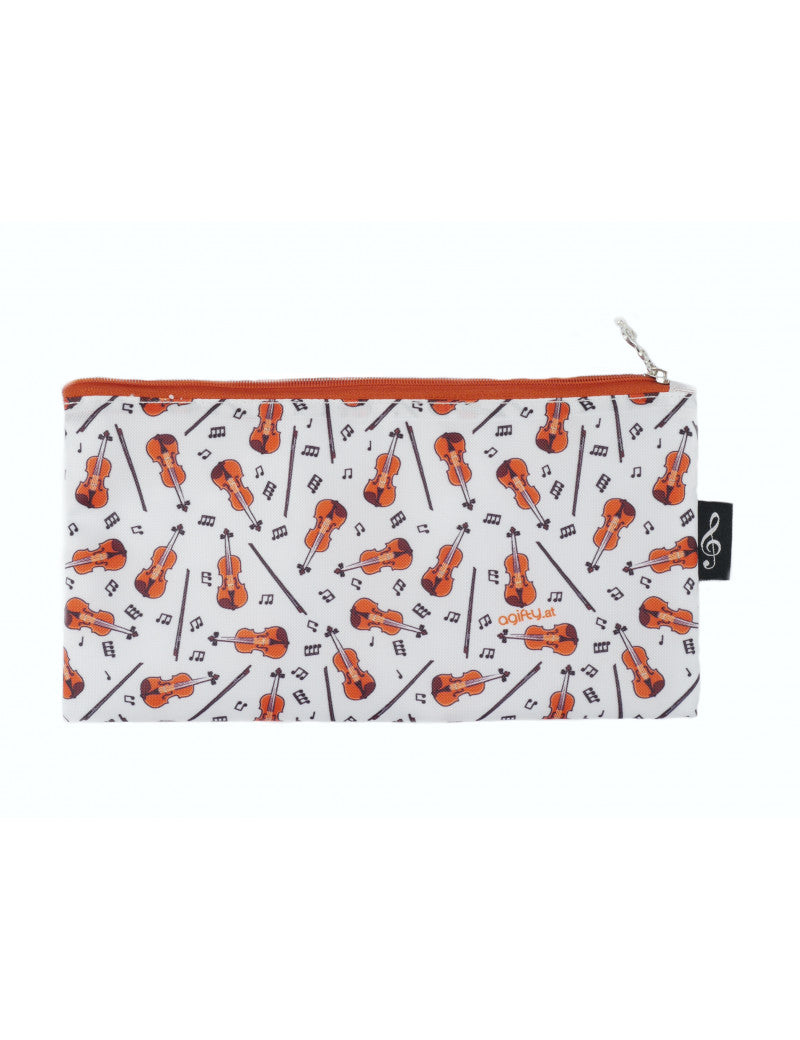 Music Pencil Case White with Black Notes Brown Violins and Bows