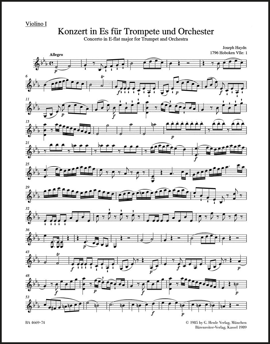 Concert for Trumpet and Orchestra in Eb Major - Violin 1 - Haydn - Barenreiter BA4669-74