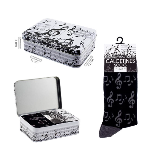 Socks Black with Grey Clefs/Notes plus Tin