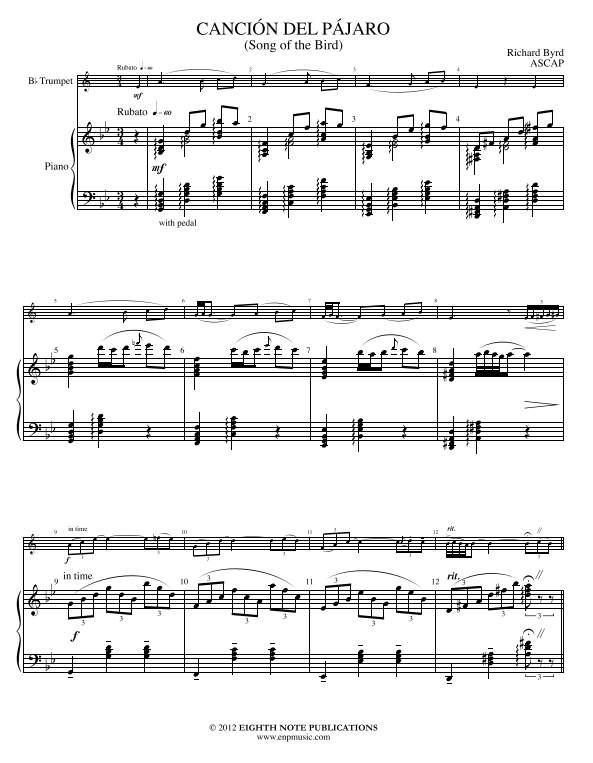 Cancion del Pajaro (Song of Bird)  -Trumpet/Piano - Byrd