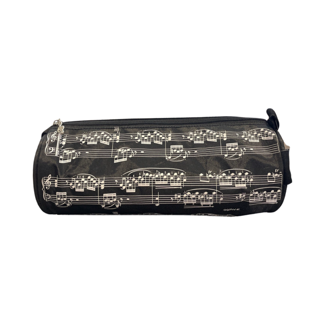 Music Pencil Case Black with Creme Manuscript and Treble Clef Zipper Tubular Shape