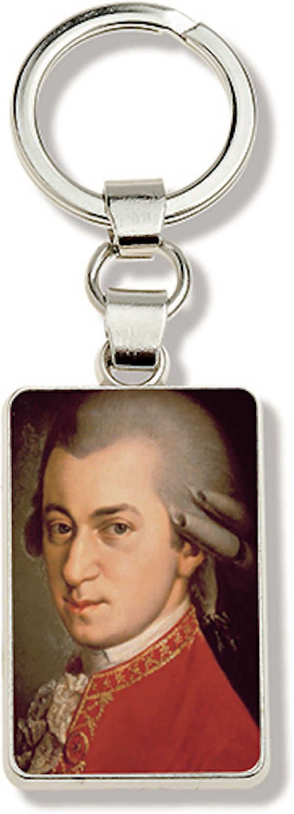 Keyring - metal white with a picture of Mozart