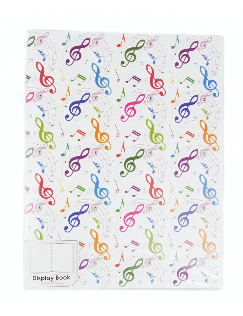 A4 Display Folder White with Colourful Music Notes and Treble Clefs 20 Clear Pockets