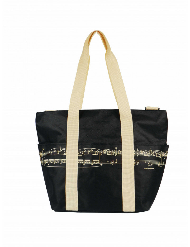 Music Themed Shoulder Bag Black with Yellow Manuscript Print and Yellow Straps