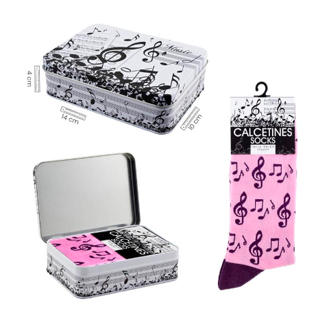 Socks Pink with Black Clefs/Notes plus Tin