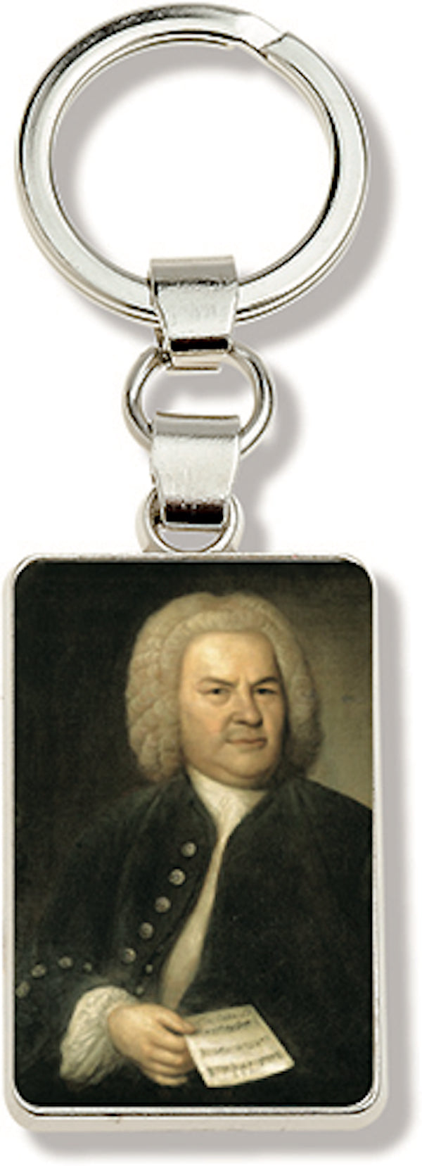 Keyring - metal white with a picture of Bach