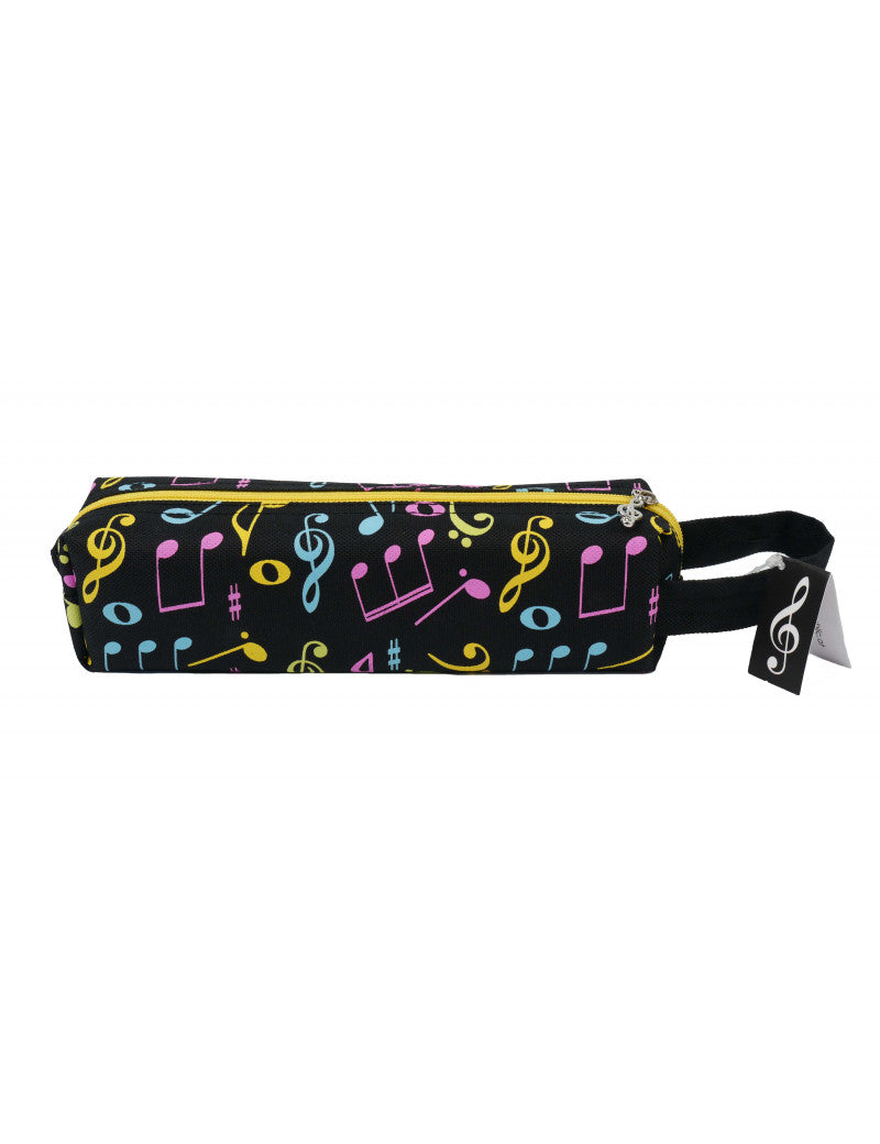 Music Pencil Case Black with Colourful Notes and Clefs Yellow Zipper