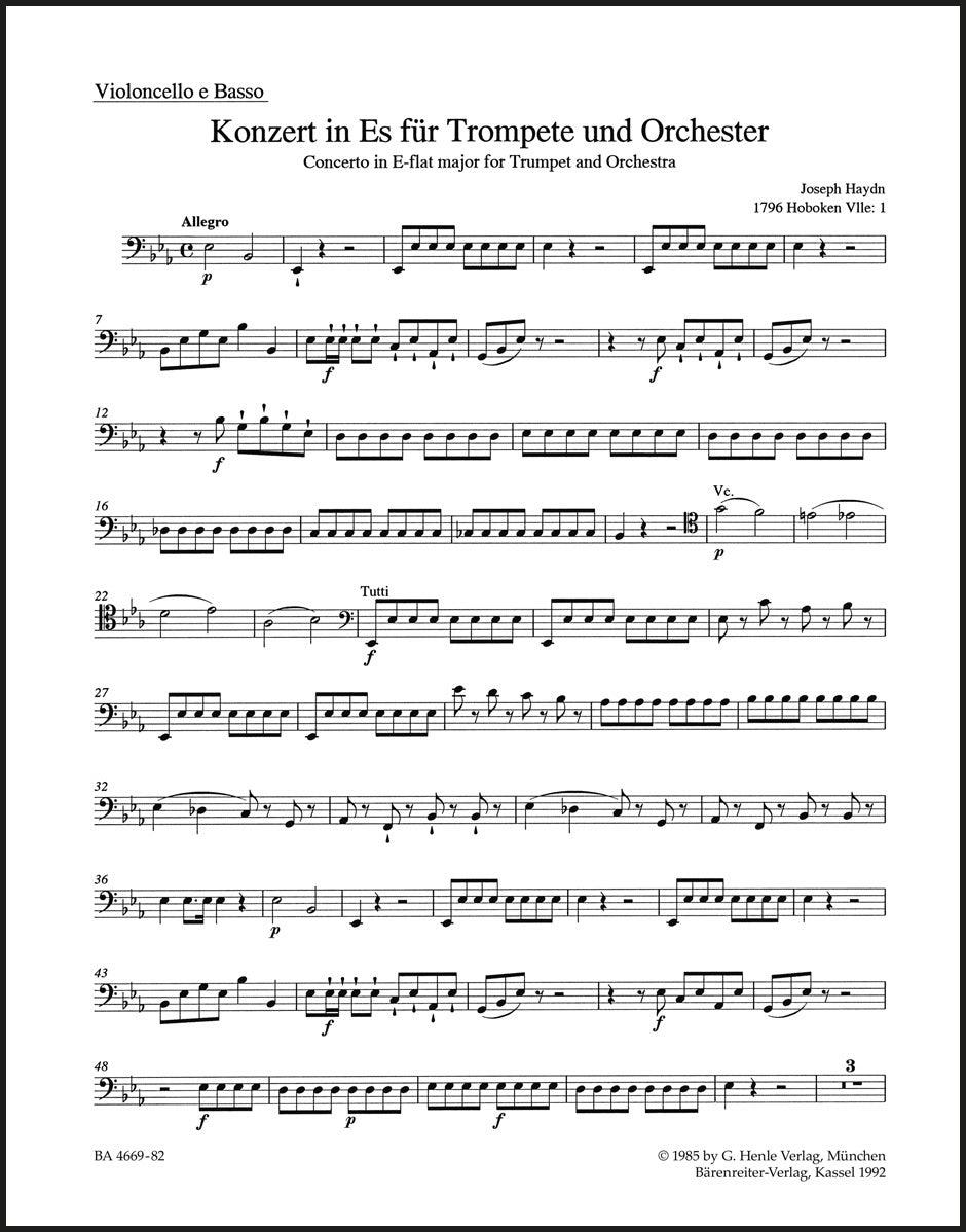 Concerto for Trumpet and Orchestra in Eb Major - Cello/Double Bass - Barenreiter  BA04669-82