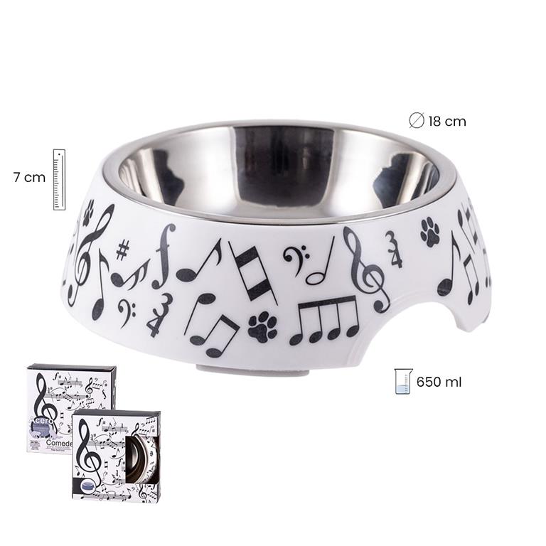 Dog Bowl Large White with Black Noted and Clefs