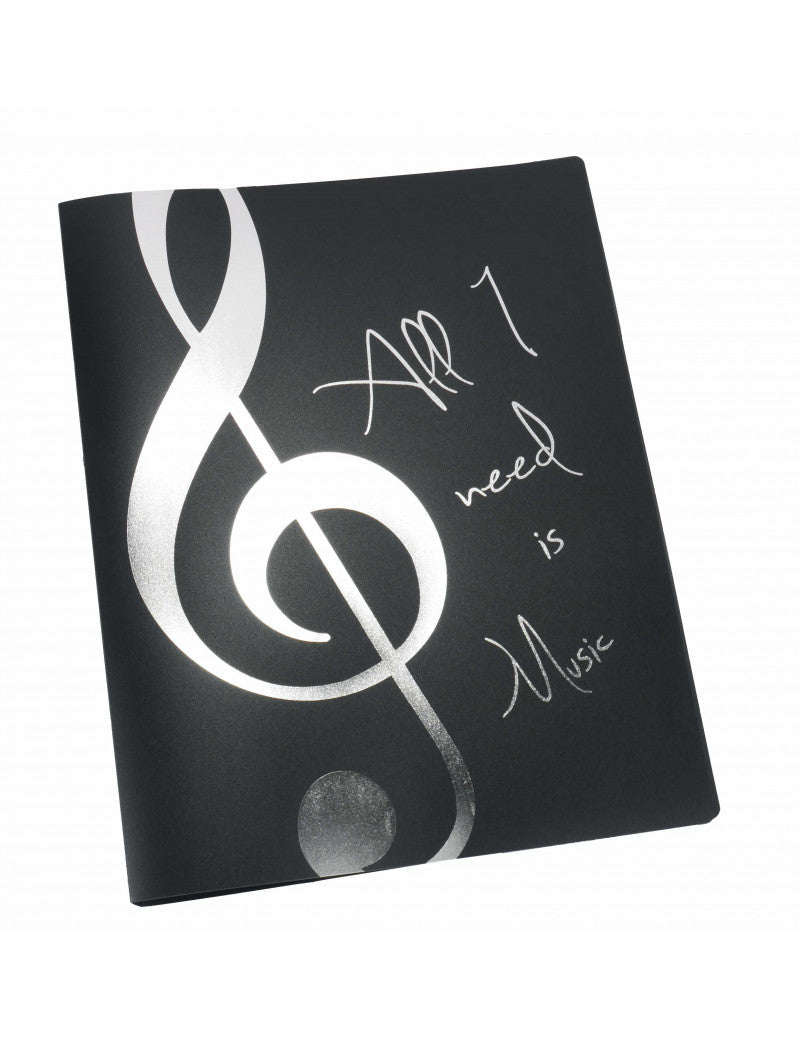 A4 Display Folder Black with Silver Treble Clef and 'All I Need is Music' Saying 20 Clear Pockets