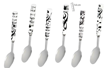 Teaspoons Set Six White with Black Notes/Clef/Manuscript