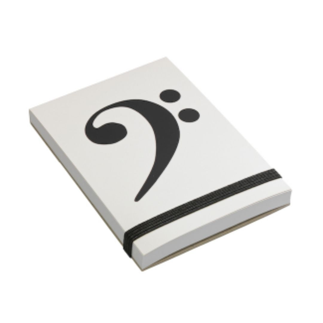 Bass Clef Pocket Notepad White with Black Print and Elastic Band